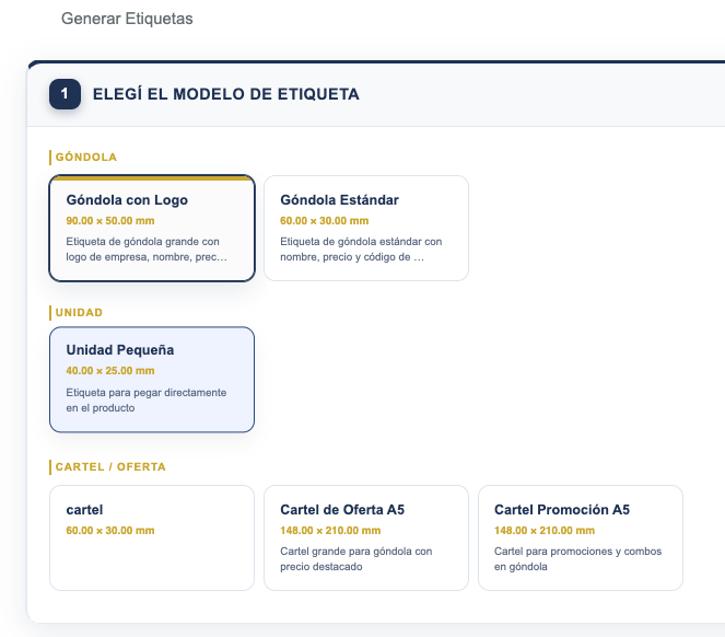 Selector de modelos de etiquetas de góndola en la Plataforma Vantyx
