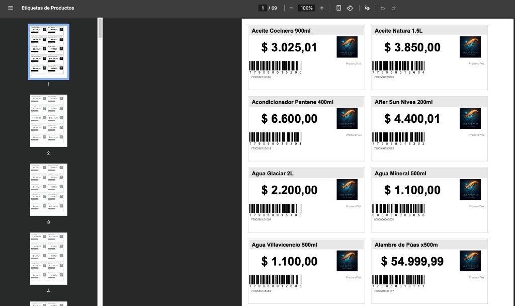 Etiquetas de góndola impresas con precio, código y marca Vantyx