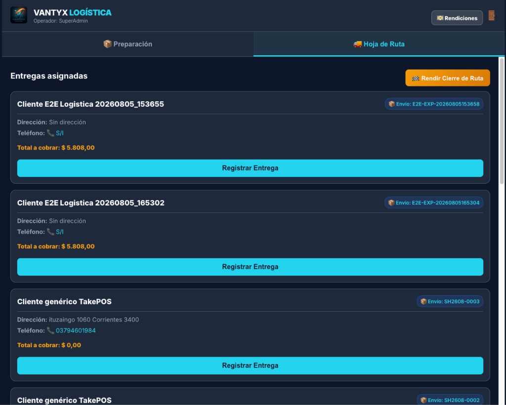Vantyx Logística: entregas asignadas, total a cobrar y registrar entrega