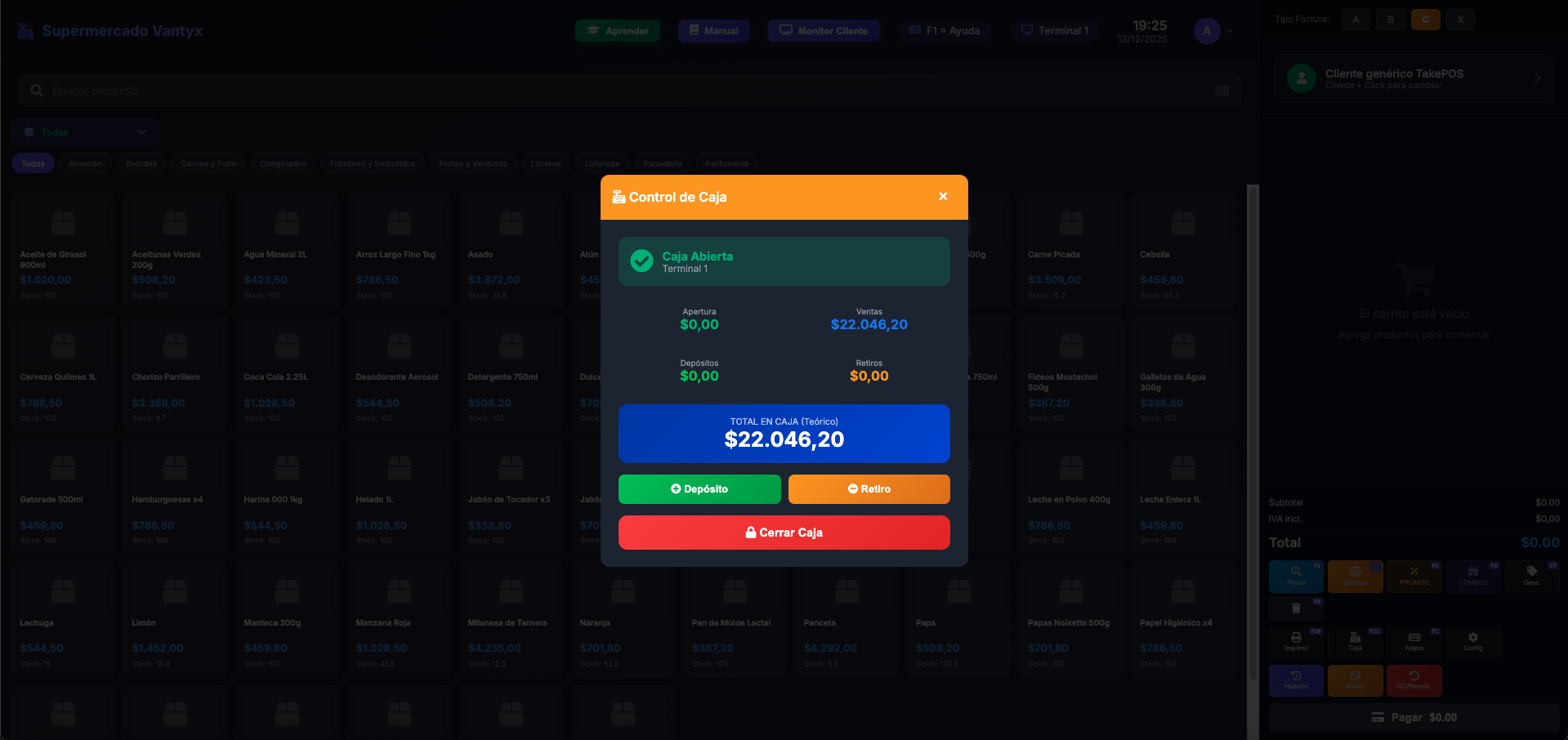 VantyxTakePOS - Control de caja con apertura, depósitos, retiros y cierre de terminal