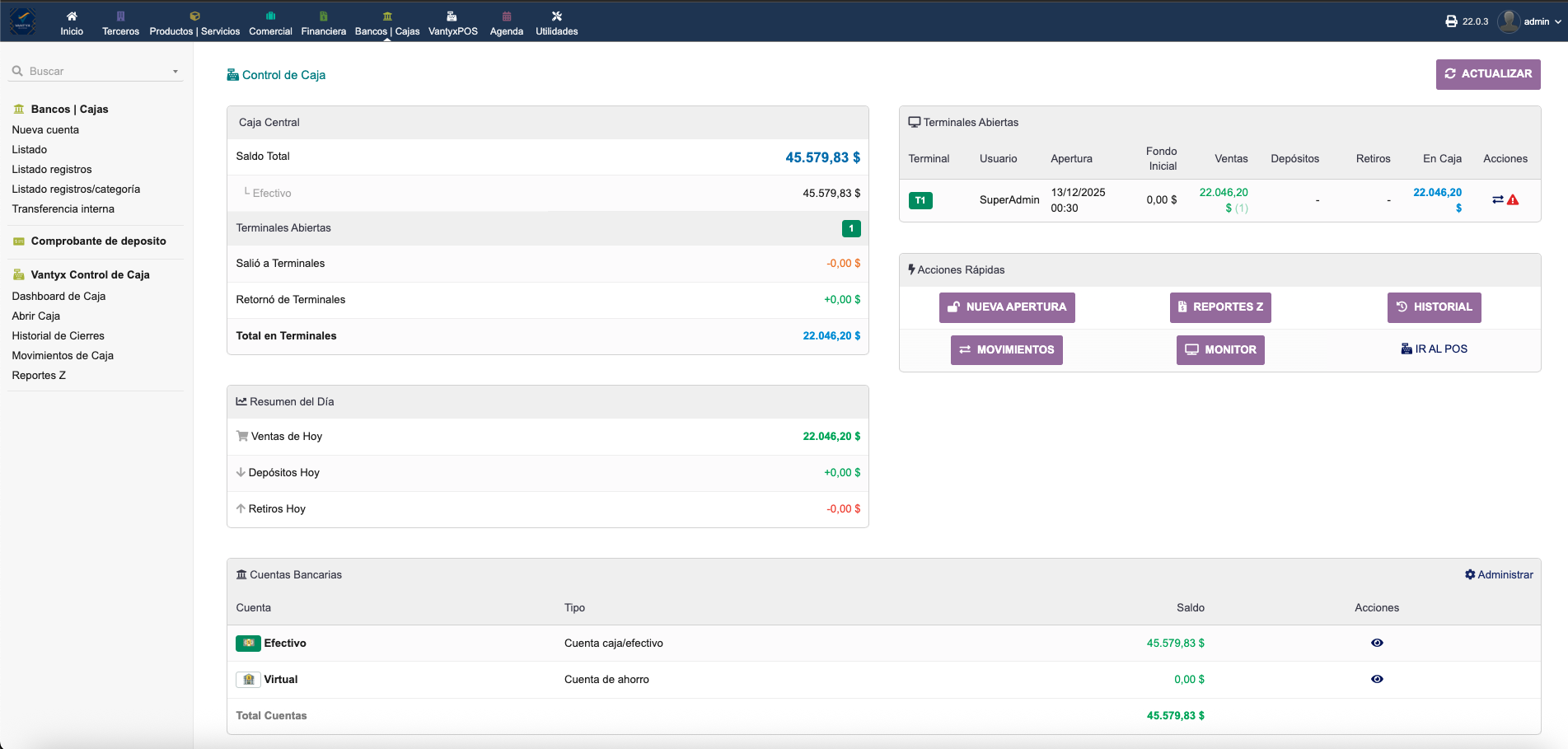 VantyxTakePOS - Dashboard administrativo con resumen de terminales, ventas y cuentas bancarias